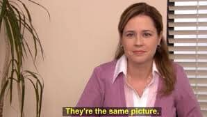 This meme is a screenshot from the TV show "The Office" featuring the character Pam Beesly. The image shows Pam looking directly at the camera with a neutral expression, and the text "They're the same picture" appears at the bottom of the screen. The meme is often used to express that two things are identical or that something is being repeated.